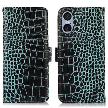 Sony Xperia 5 VI Skórzane Etui z Portfelem Crocodile z RFID - Zieleń