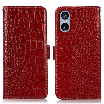 Sony Xperia 5 VI Skórzane Etui z Portfelem Crocodile z RFID - Czerwień