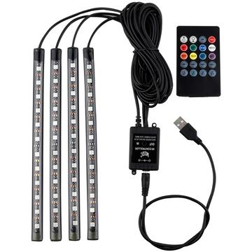Aktywowana dźwiękiem wewnętrzna neonowa samochodowa taśma LED - 4 szt., 36 diod LED