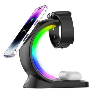 T17 3-w-1 RGB Light Magnetyczna ładowarka bezprzewodowa do iPhone\'a z serii 12/13/14/15/16 Stojak do szybkiego ładowania kompatybilny z MagSafe - czarny