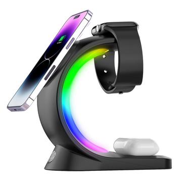 T17 3-w-1 RGB Light Magnetyczna ładowarka bezprzewodowa do iPhone\'a z serii 12/13/14/15 Stojak do szybkiego ładowania kompatybilny z MagSafe - czarny