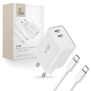 Dwuportowa ładowarka sieciowa USB-C Tech-Protect C35W z kablem USB-C - biała