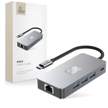 Tech-Protect HB05 9-w-1 Hub Adapter USB-C z HDMI 4K 60Hz, czytnikami kart SD/TF, USB-C 100W PD, RJ45 Ethernet, USB 3.0/2.0 - kosmiczna szarość