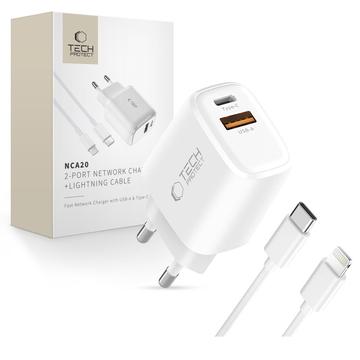Tech-Protect NCA20 Dwuportowa ładowarka PD 20W/QC3.0 z kablem Lightning - biała