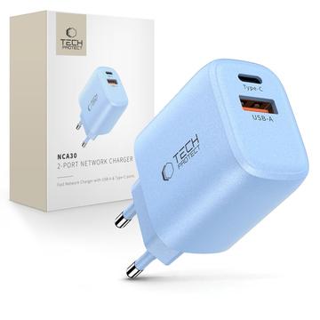 Dwuportowa ładowarka Tech-Protect NCA30 - 30W USB-C PD i 18W USB-A QC3.0 - Lazurowy