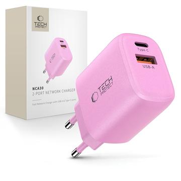 Dwuportowa ładowarka Tech-Protect NCA30 - 30W USB-C PD i 18W USB-A QC3.0 - Jasnoróżowy