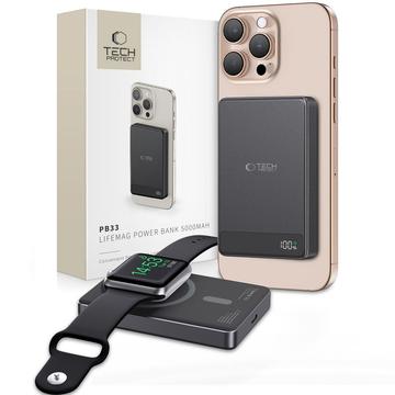 Tech-Protect PB33 LifeMag MagSafe Power Bank 5000mAh - Kompaktowy, bezprzewodowe ładowanie, USB-C, wyświetlacz LED - Czarny
