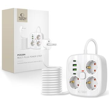 Listwa zasilająca Tech-Protect PCS3X4 - 3 gniazda AC, 2 porty USB-A i 2 porty USB-C, kabel 2m - biała