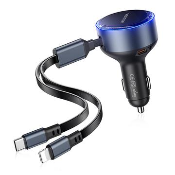 Szybka ładowarka samochodowa Vention FFOB0 PD 30W z kablami USB-C i Lightning - czarna
