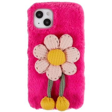 iPhone 14 Plus Etui z TPU 3D Plush Puszysta Zima - Gorący Różowy Kwiat