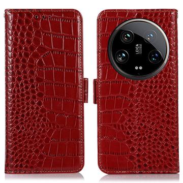 Xiaomi 14 Ultra Skórzane Etui z Portfelem Crocodile z RFID - Czerwień