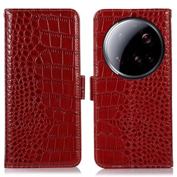 Xiaomi 15 Ultra Skórzane Etui z Portfelem Crocodile z RFID - Czerwień