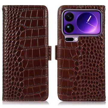 Xiaomi 17 Pro Skórzane Etui z Portfelem Crocodile z RFID - Brąz