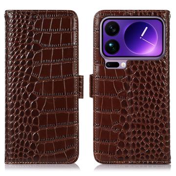 Xiaomi 17 Pro Max Skórzane Etui z Portfelem Crocodile z RFID - Brąz
