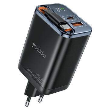 Szybka ładowarka Yesido YC100 67W ze zwijanym kablem USB-C - czarna
