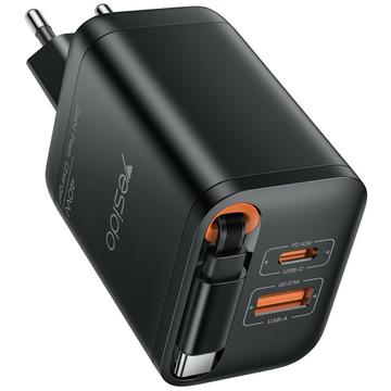 Szybka ładowarka Yesido YC99 40W ze zwijanym kablem USB-C - czarna