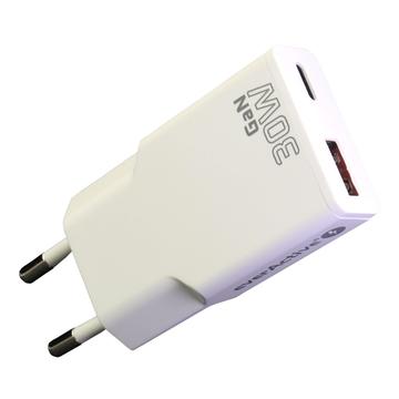 Ładowarka everActive SC-380Q GaN Super Slim 30W z portami USB QC3.0 i USB-C PD - biała