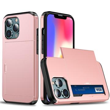 iPhone 13 Hybrydowe Etui z Wysuwaną Kieszenią na Kartę - Różowe Złoto