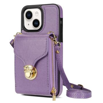 Uniwersalne etui iPhone 14 Plus z portfelem i paskiem - fioletowe