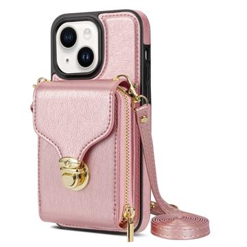 Uniwersalne etui iPhone 14 Plus z portfelem i paskiem - różowe złoto