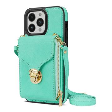 Uniwersalne etui  iPhone 14 Pro z portfelem i paskiem - miętowe