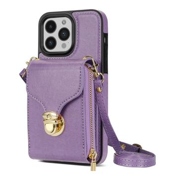 Uniwersalne etui iPhone 14 Pro z portfelem i paskiem - fioletowe