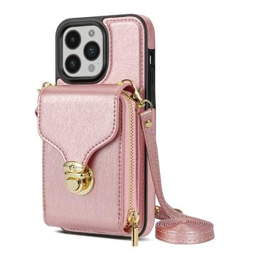 Uniwersalne etui iPhone 14 Pro z portfelem i paskiem - różowe złoto