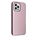 iPhone 14 Pro Max Etui z Klapką - Włókno Węglowe - Różowe złoto