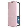 iPhone 14 Pro Max Etui z Klapką - Włókno Węglowe - Różowe złoto