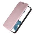 iPhone 14 Pro Max Etui z Klapką - Włókno Węglowe - Różowe złoto