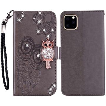 iPhone 14 Pro Max Owl Rhinestone Wallet Case - szary