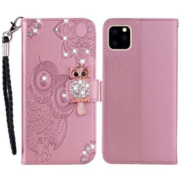 iPhone 14 Pro Max Owl Rhinestone Wallet Case - różowe złoto