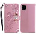 iPhone 14 Pro Owl Rhinestone Wallet Case - różowe złoto