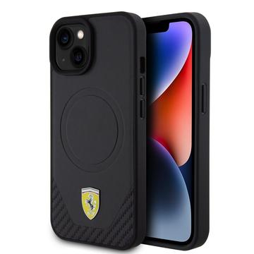 iPhone 15 Plus Ferrari Carbon Metal Logo Mag Etui - Czarny