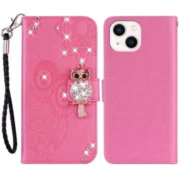 iPhone 15 Plus Owl Rhinestone Wallet Case - Ciemny Róż
