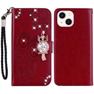 iPhone 15 Plus Owl Rhinestone Wallet Case - czerwony