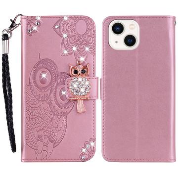 iPhone 15 Plus Owl Rhinestone Wallet Case - różowe złoto