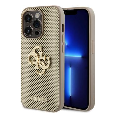 Pokrowiec iPhone 15 Pro Guess Perforated 4G Glitter Logo - złoty