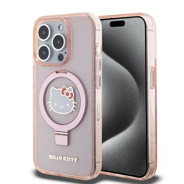 iPhone 15 Pro Hello Kitty IML Ringstand Glitter Etui MagSafe - Różowy