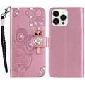 iPhone 15 Pro Max Owl Rhinestone Wallet Case - różowe złoto