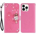 iPhone 15 Pro Owl Rhinestone Wallet Case - Ciemny Róż