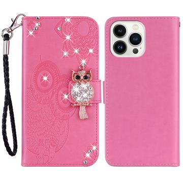 iPhone 15 Pro Owl Rhinestone Wallet Case - Ciemny Róż