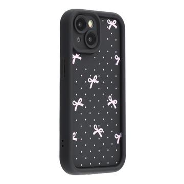 Stylowe, wstrząsoodporne etui TPU iPhone 15 z podniesionymi krawędziami - czarne / kokarda w kropki