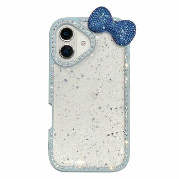 Etui epoksydowe iPhone 16 z kokardą i dżetami - niebieskie