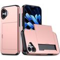 iPhone 16 Hybrydowe Etui z Wysuwaną Kieszenią na Kartę - Różowe Złoto