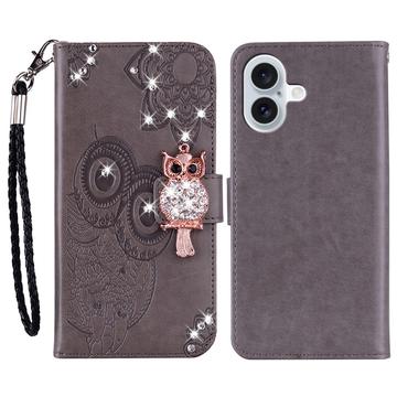 iPhone 16 Etui na portfel z motywem sowy i kryształkami - szary