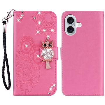 iPhone 16 Etui na portfel z motywem sowy i kryształkami - Ciemny Róż