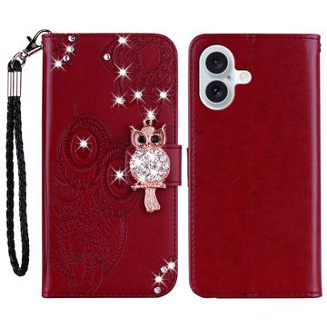 iPhone 16 Etui na portfel z motywem sowy i kryształkami - czerwony