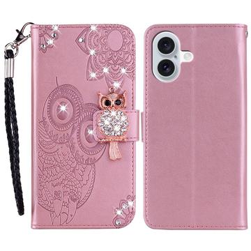 iPhone 16 Etui na portfel z motywem sowy i kryształkami - Różowe Złoto
