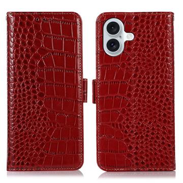 iPhone 16 Plus Skórzane Etui z Portfelem Crocodile z RFID - Czerwień